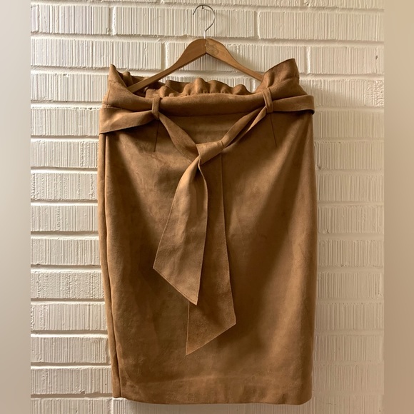 SOLD Suede Camel Brown Skirt High Waisted Knee Length Belted Pencil Skirt - Picture 2 of 6